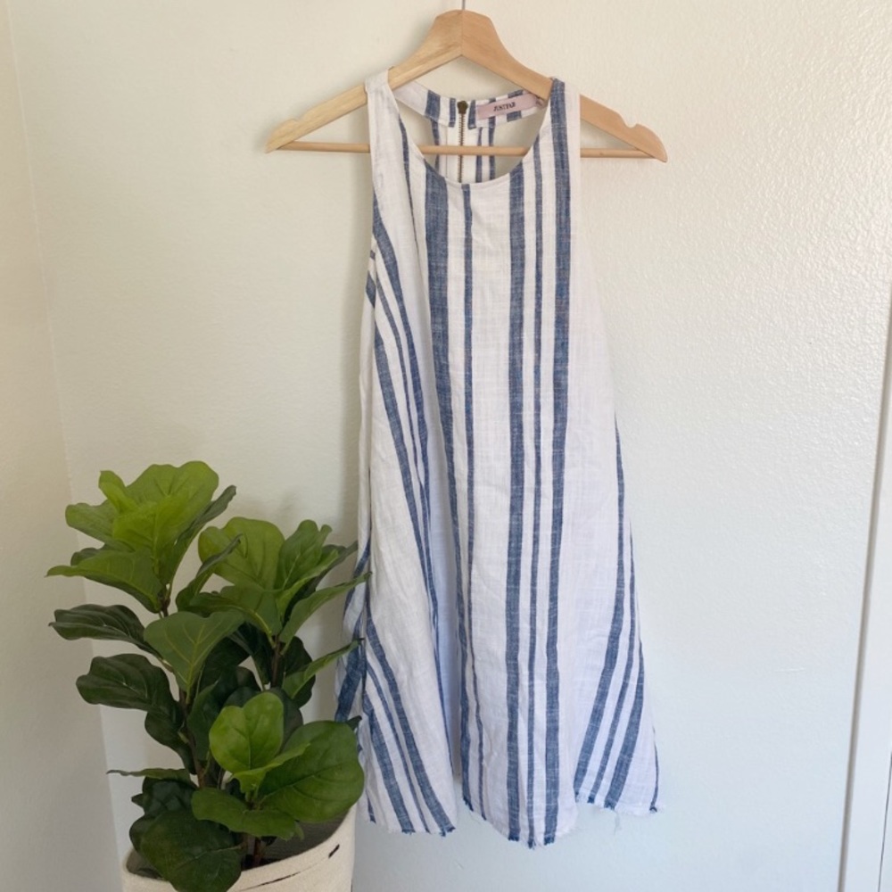 JustFab Linen Blend Blue White Stripe Dress Small